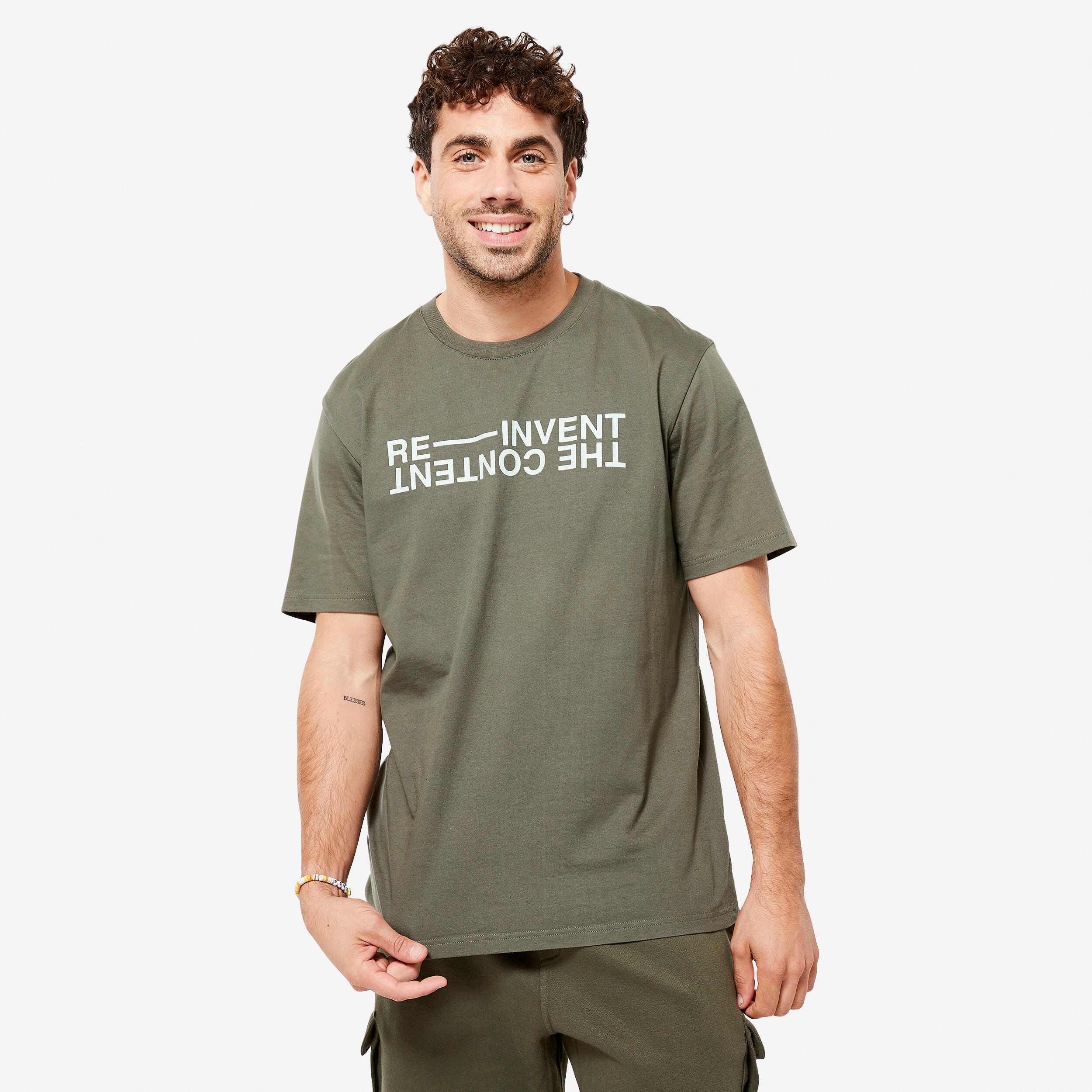 DOMYOS Men's Fitness T-Shirt 500 Essentials - Dark Khaki Print