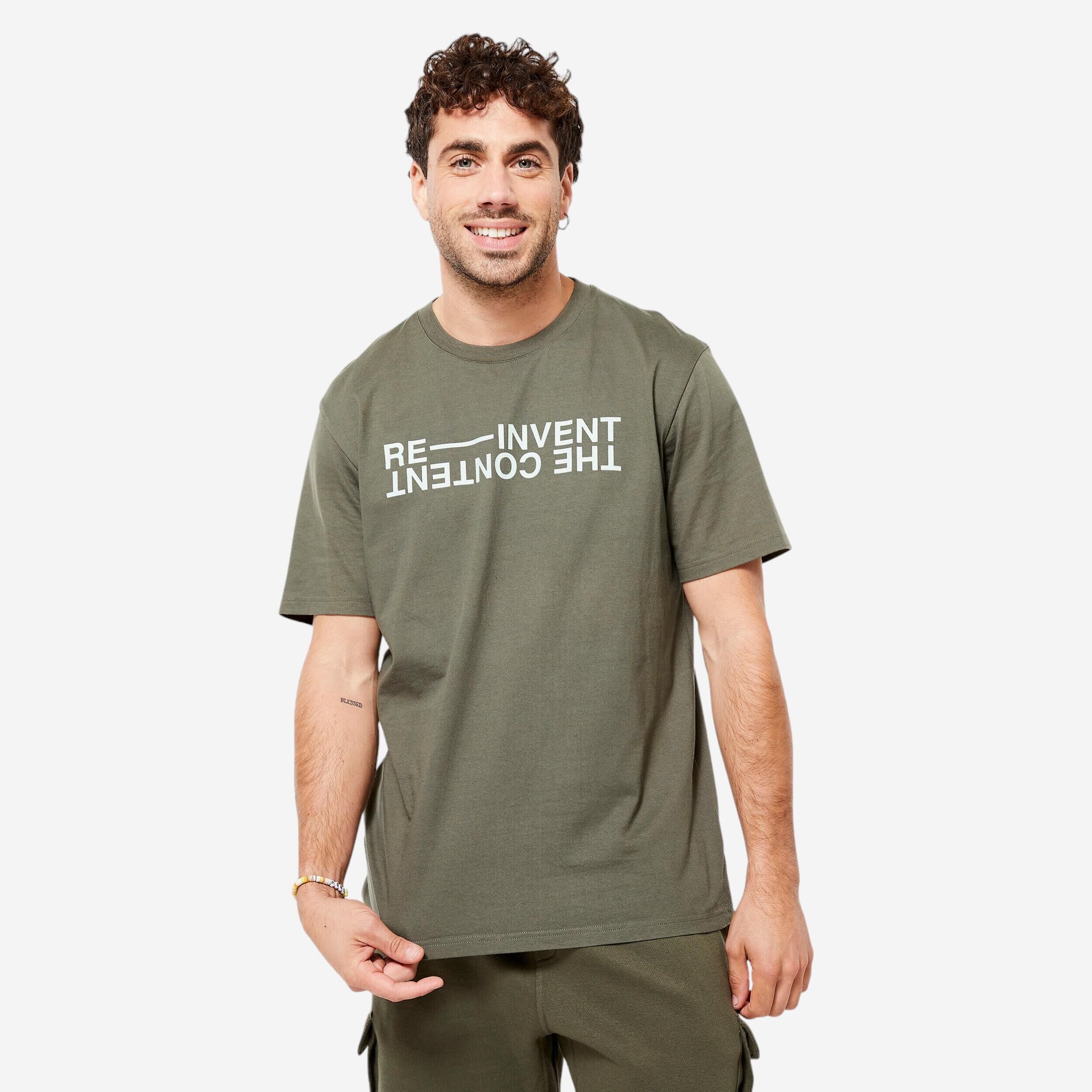 DOMYOS Men's Fitness T-Shirt 500 Essentials - Dark Khaki Print