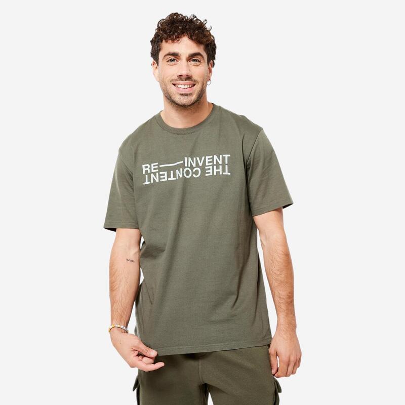 T-shirt uomo palestra 500 ESSENTIALS regular fit 100% cotone verde militare