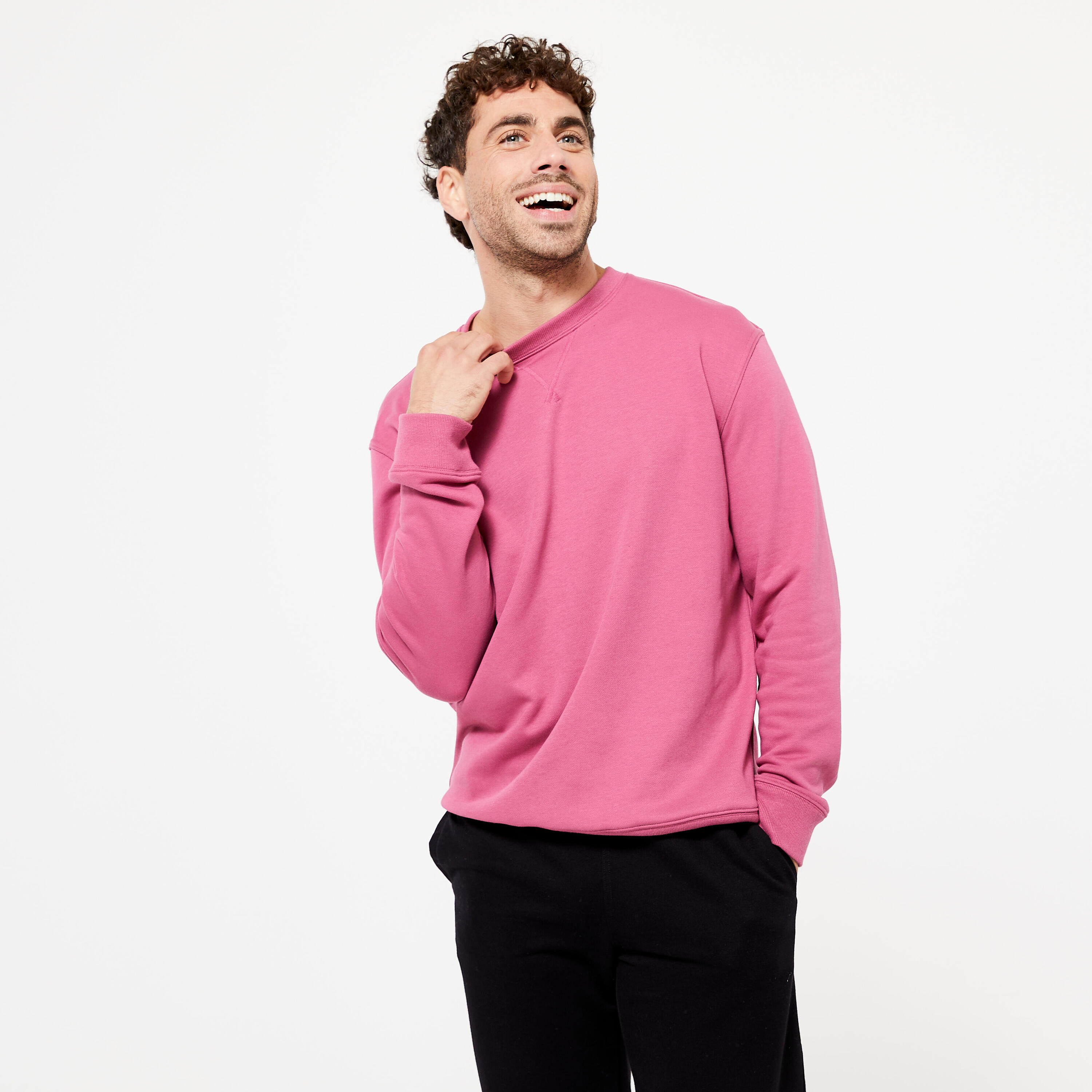 DOMYOS Men's Crew Neck Fitness Sweatshirt 500 Essentials - Hibiscus Pink