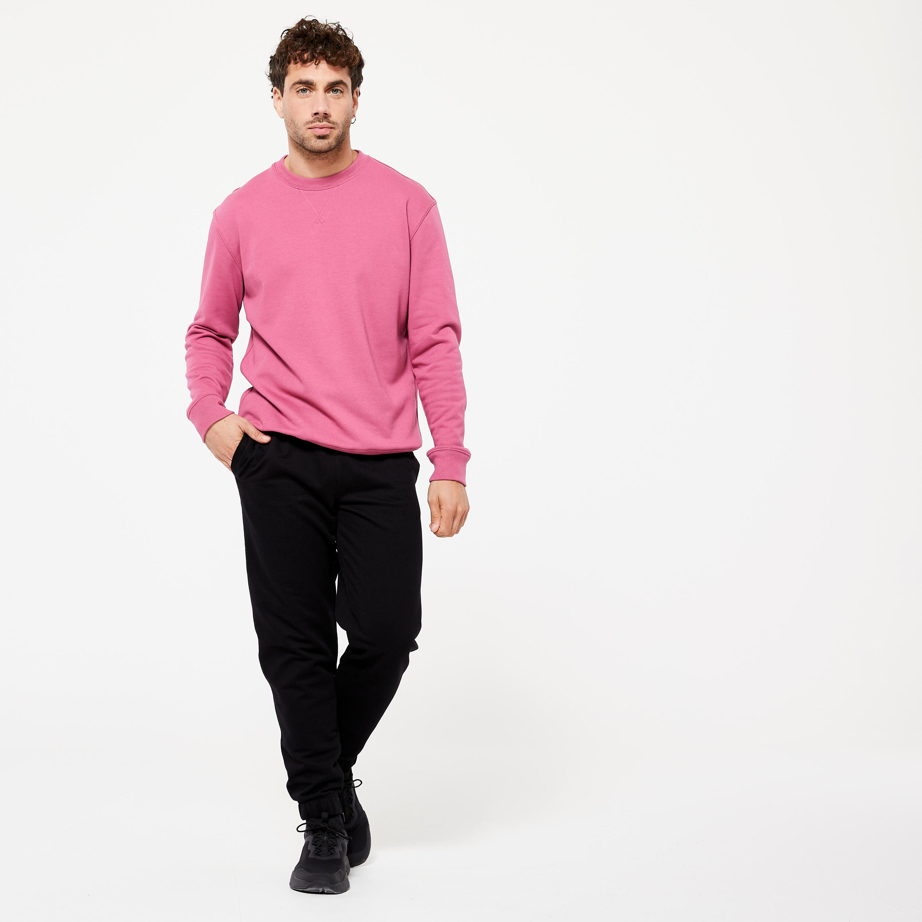 Men's Crew Neck Fitness Sweatshirt 500 Essentials - Hibiscus Pink 2/6