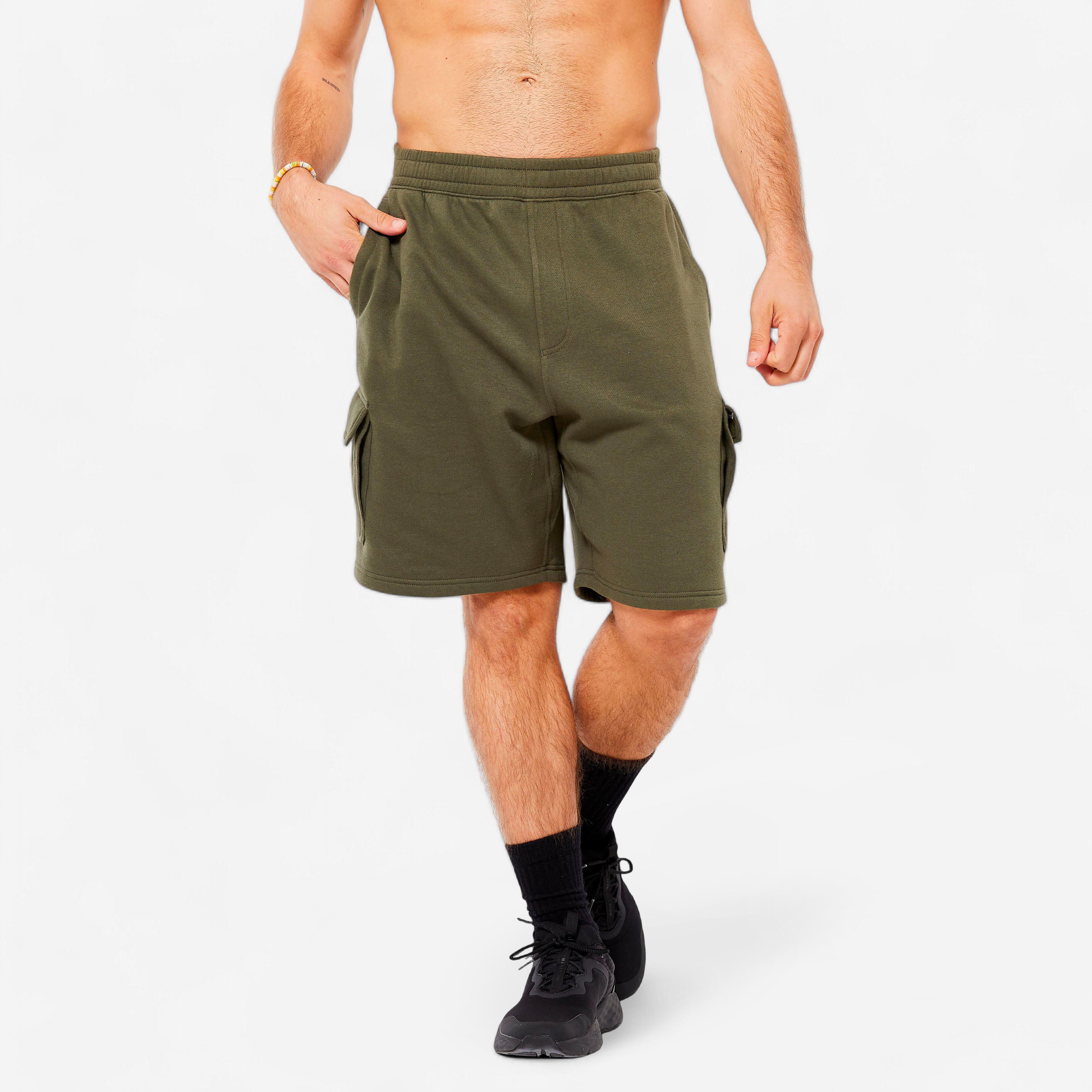 Men s Fleece Cargo Shorts Deep khaki Domyos Decathlon