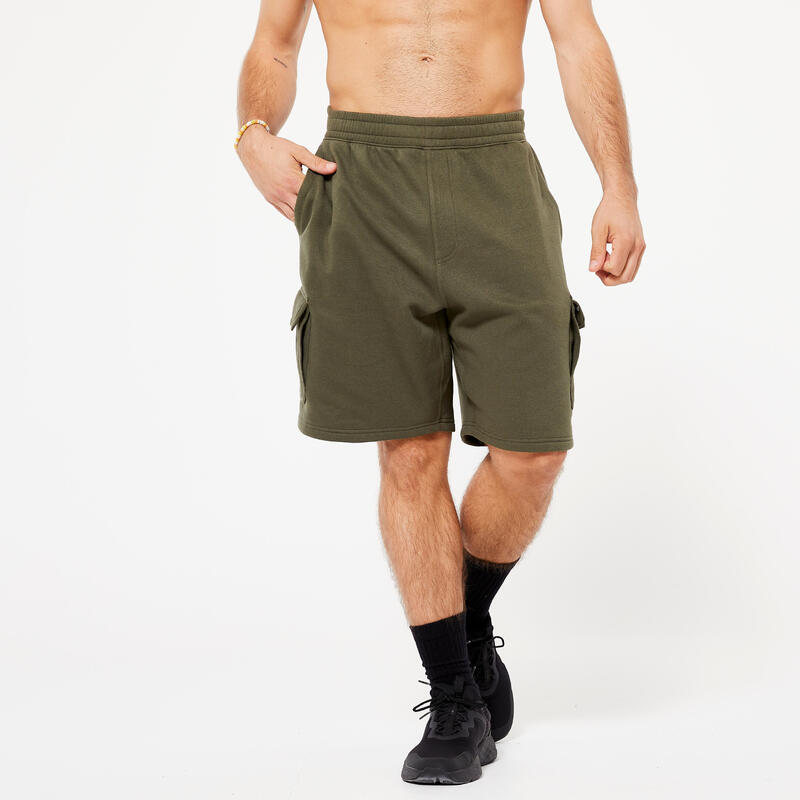 Pantaloncini uomo palestra regular fit felpati cargo verde militare