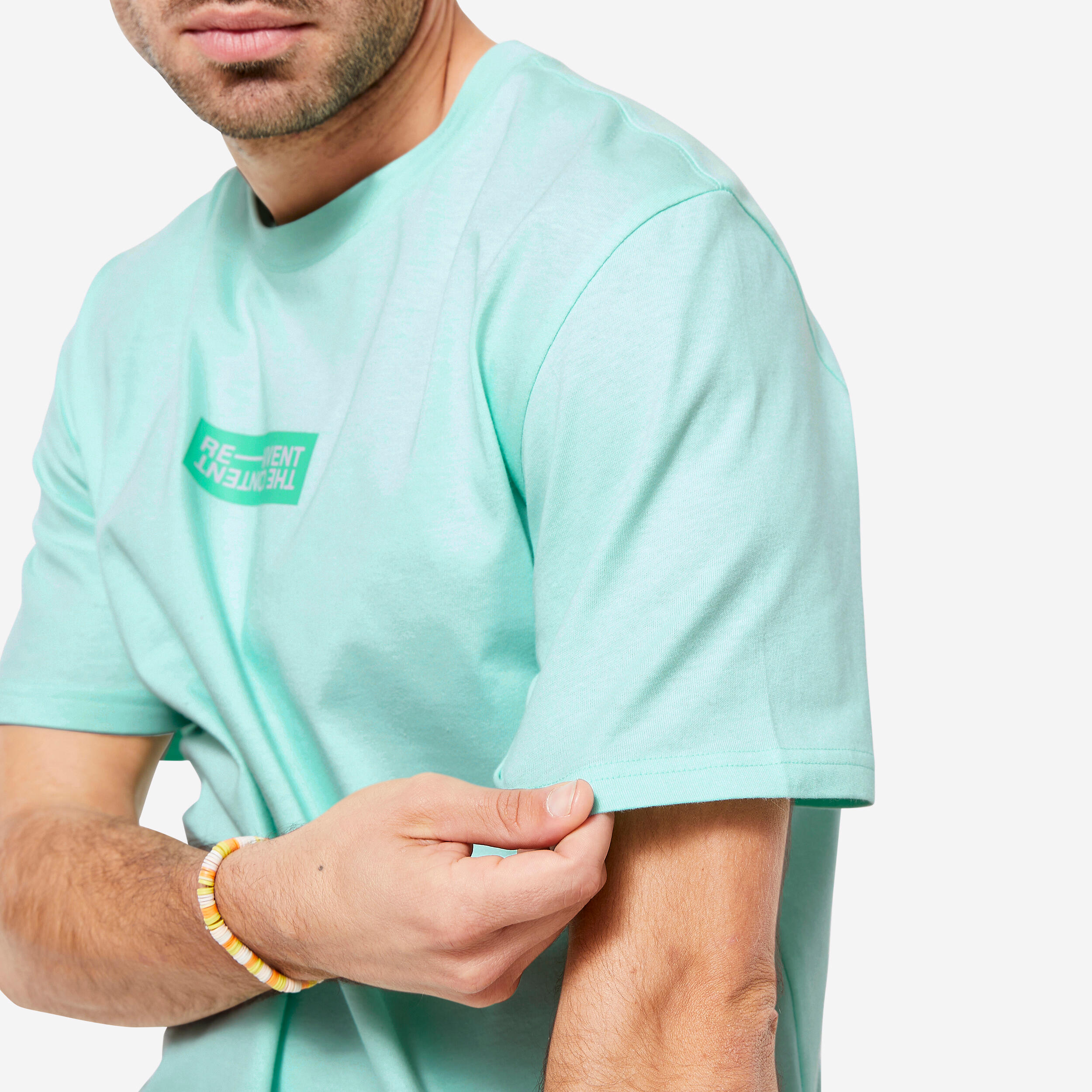 Men's Fitness T-Shirt 500 Essentials - Pastel Mint Print 4/6