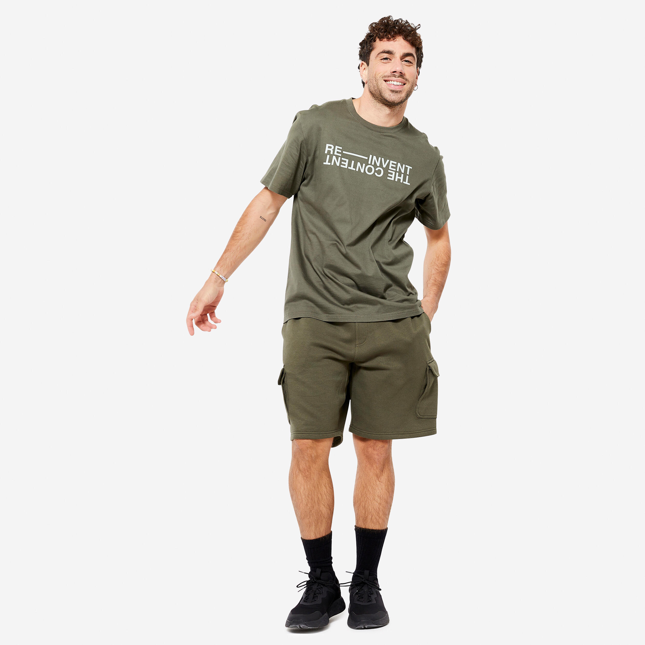 Men's Fitness T-Shirt 500 Essentials - Dark Khaki Print 2/6