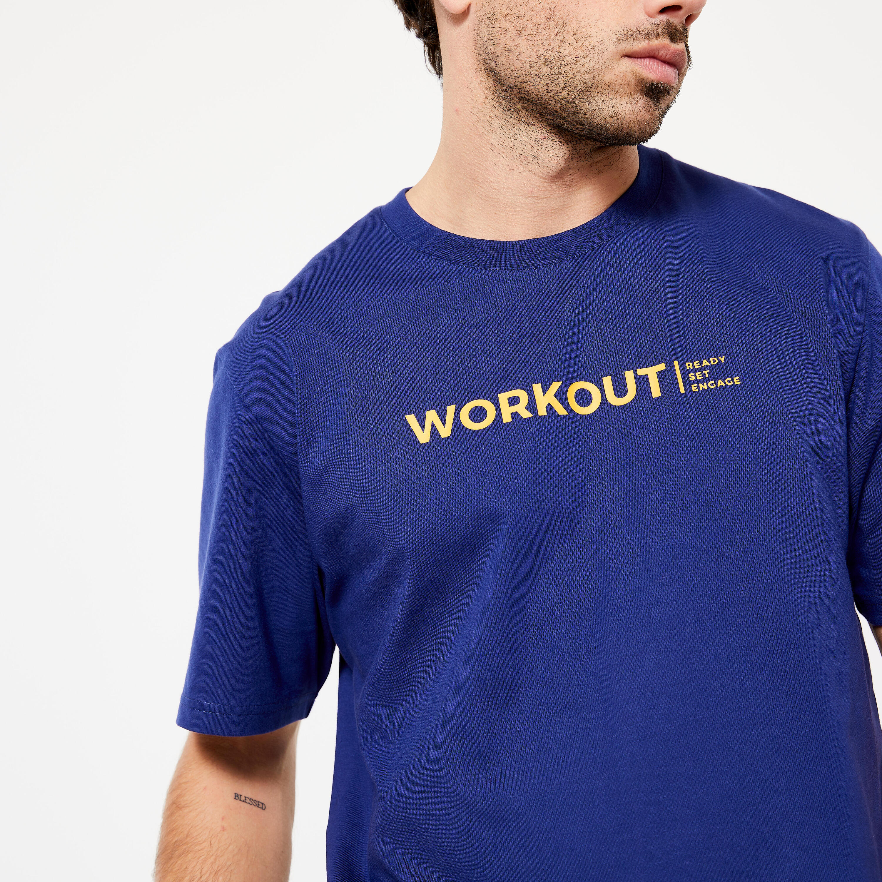 T-shirt uomo palestra 500 ESSENTIALS regular fit 100% cotone blu stampata 5/5