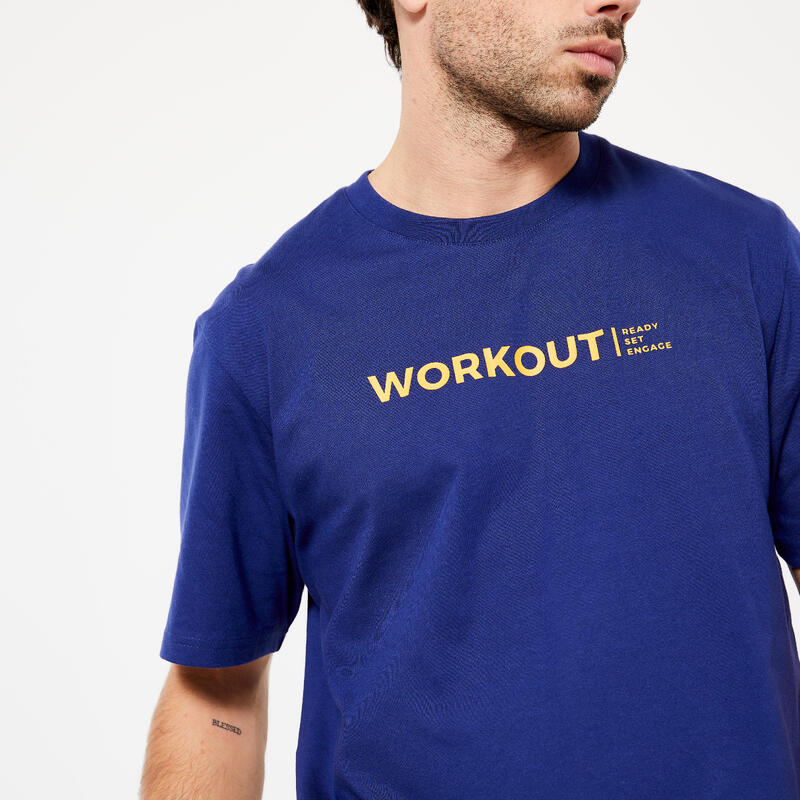 Fitnessshirt voor heren 500 Essentials inktblauw met print