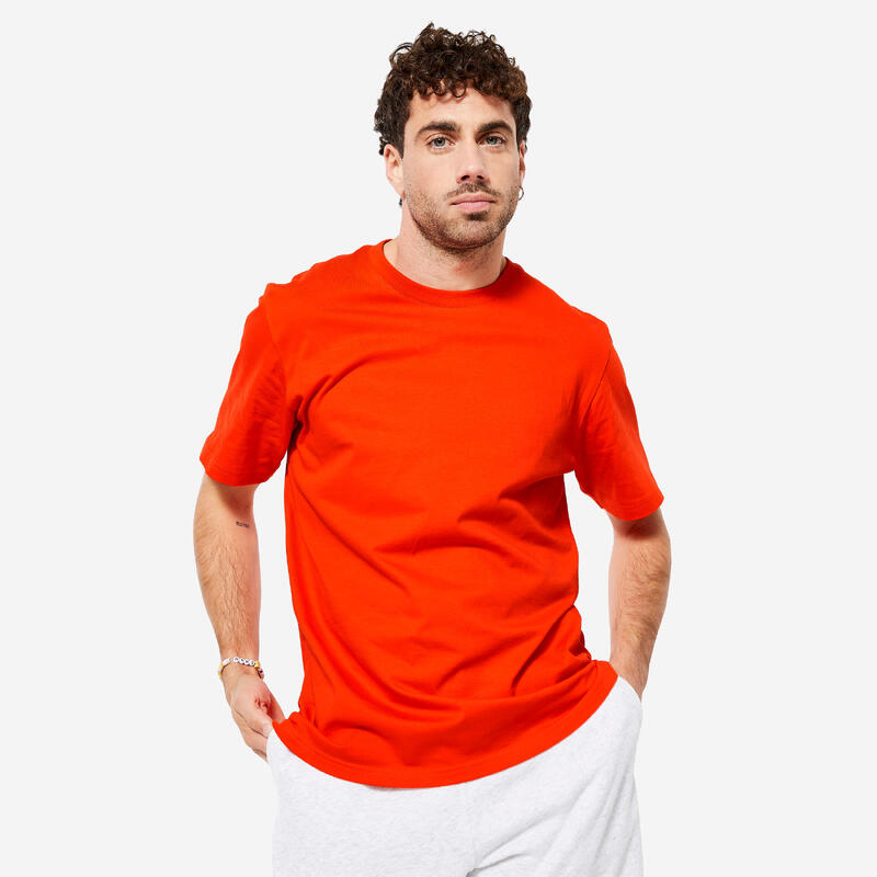 T-shirt uomo palestra 500 ESSENTIALS regular fit 100% cotone rossa stampata