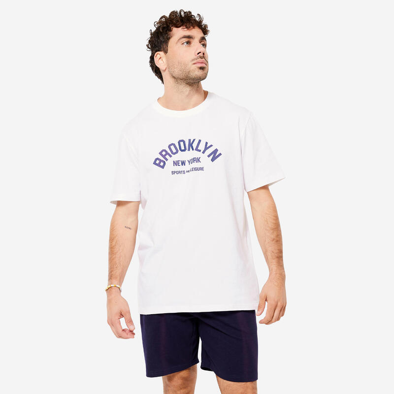 T-shirt de Fitness Homem 500 Essential Estampado Branco Gelo