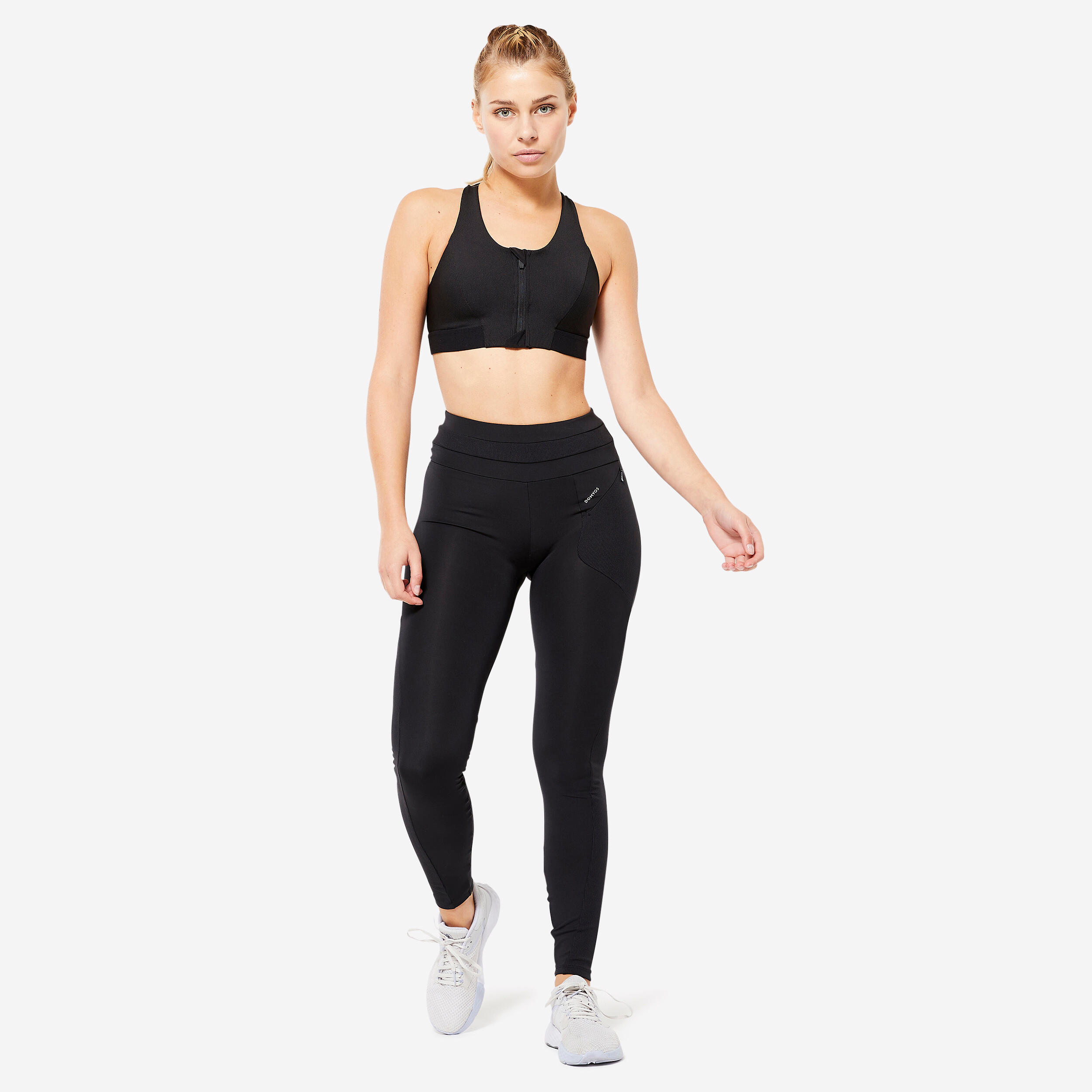 Women's Medium Support Ribbed Zip-Up Sports Bra - Black 2/4