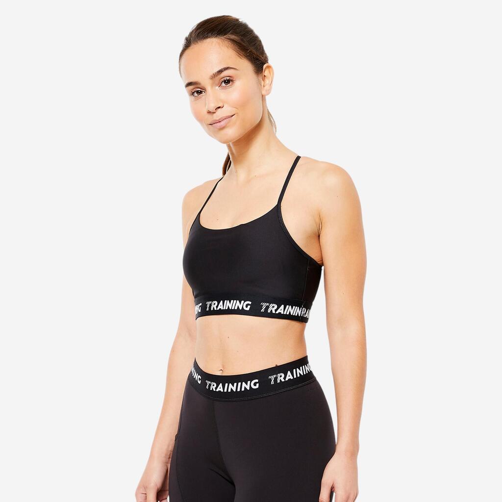 Brassière bretelles fines croisées maintien léger Femme, Noir