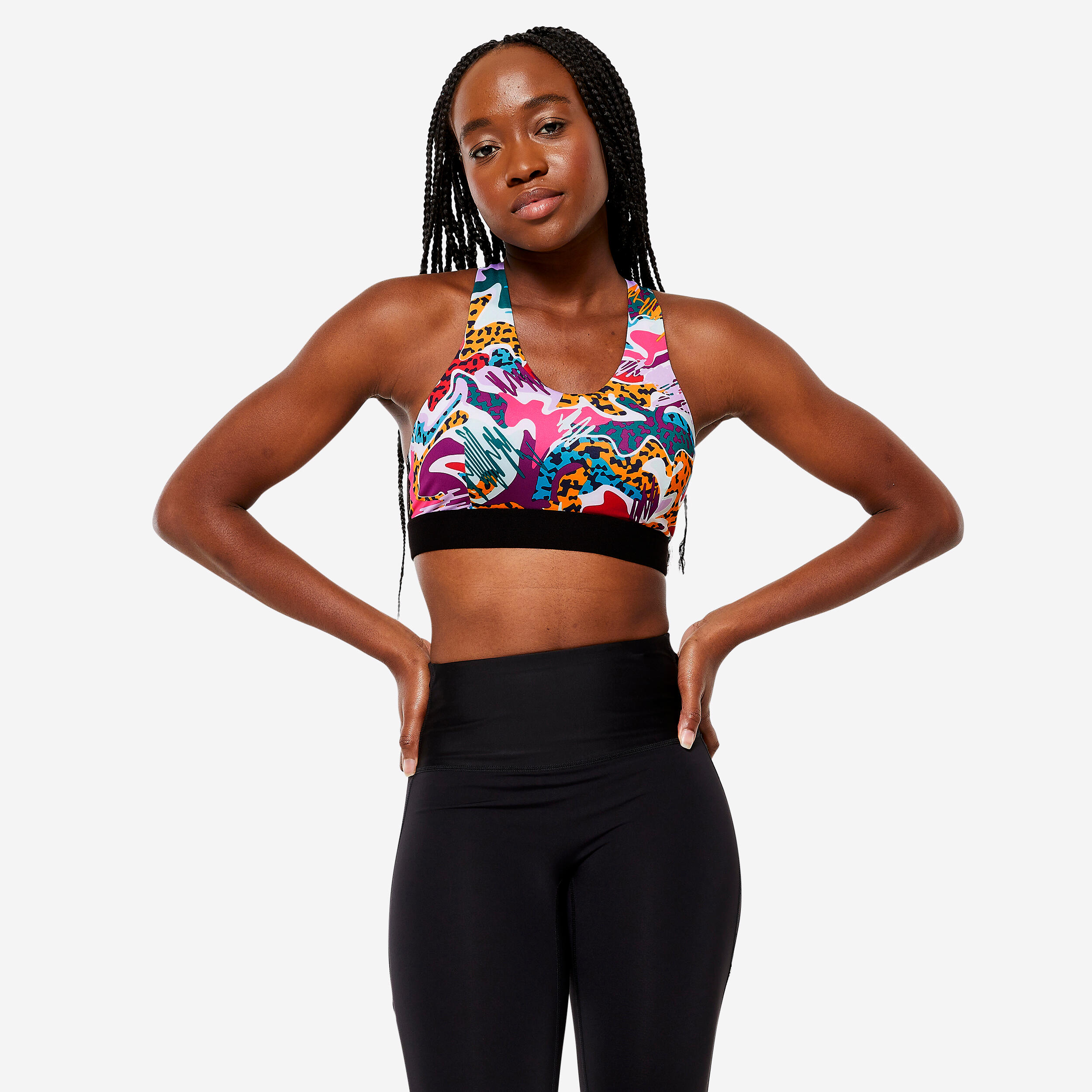 Women's Medium Support Racer Back Sports Bra with Cups - Multicoloured Prints 1/6