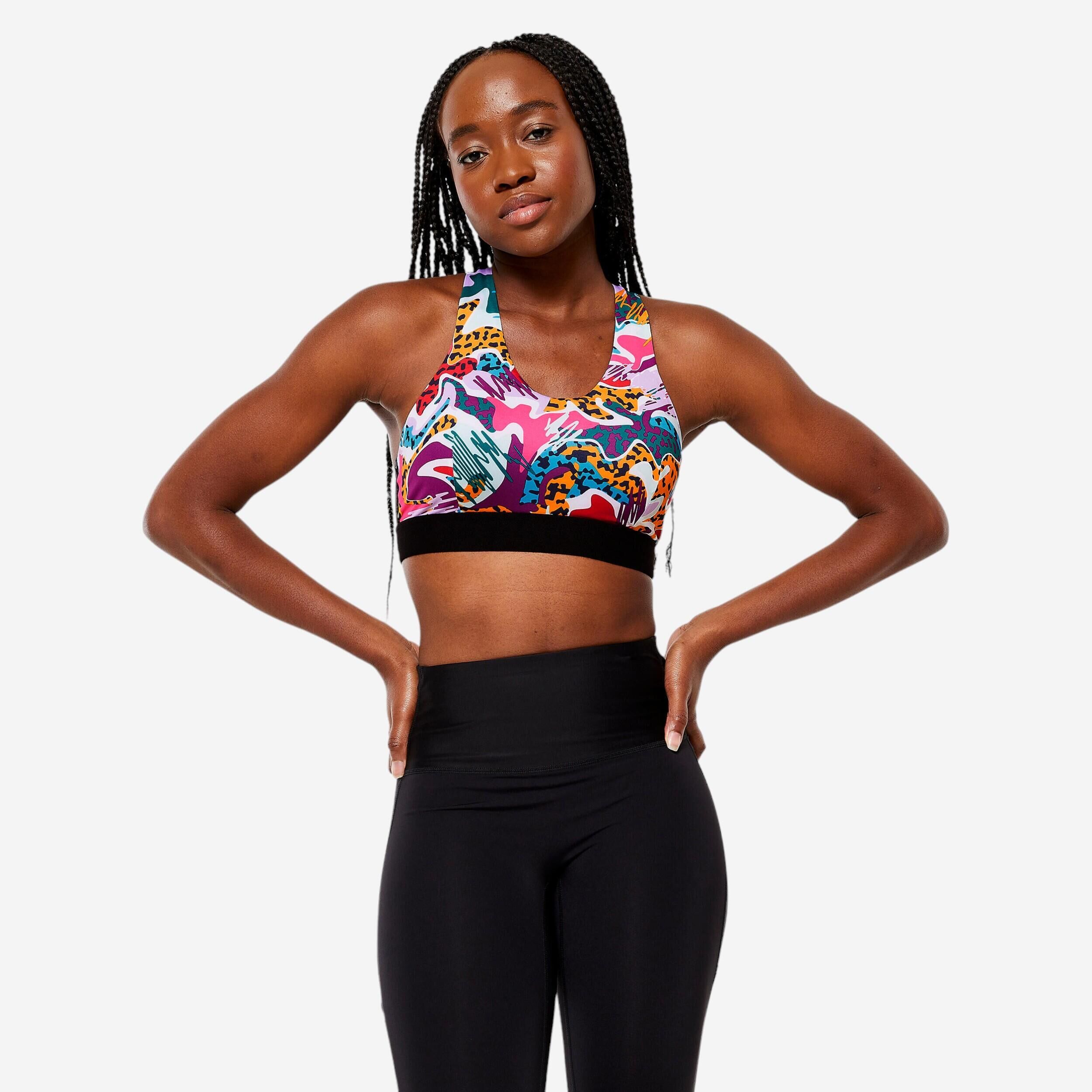 DOMYOS Women's Medium Support Racer Back Sports Bra with Cups - Multicoloured Prints