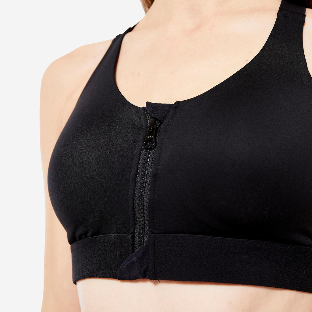 Women's High Support Zip-Up Sports Bra with Cups - Black/Grey