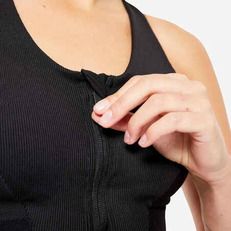 Women's Medium Support Ribbed Zip-Up Sports Bra - Black