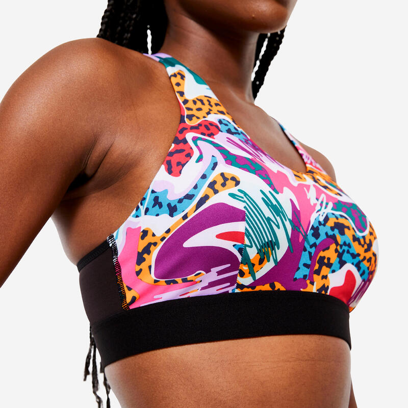 Brassière dos nageur avec coques maintien modéré Femme, imprimé multicolore