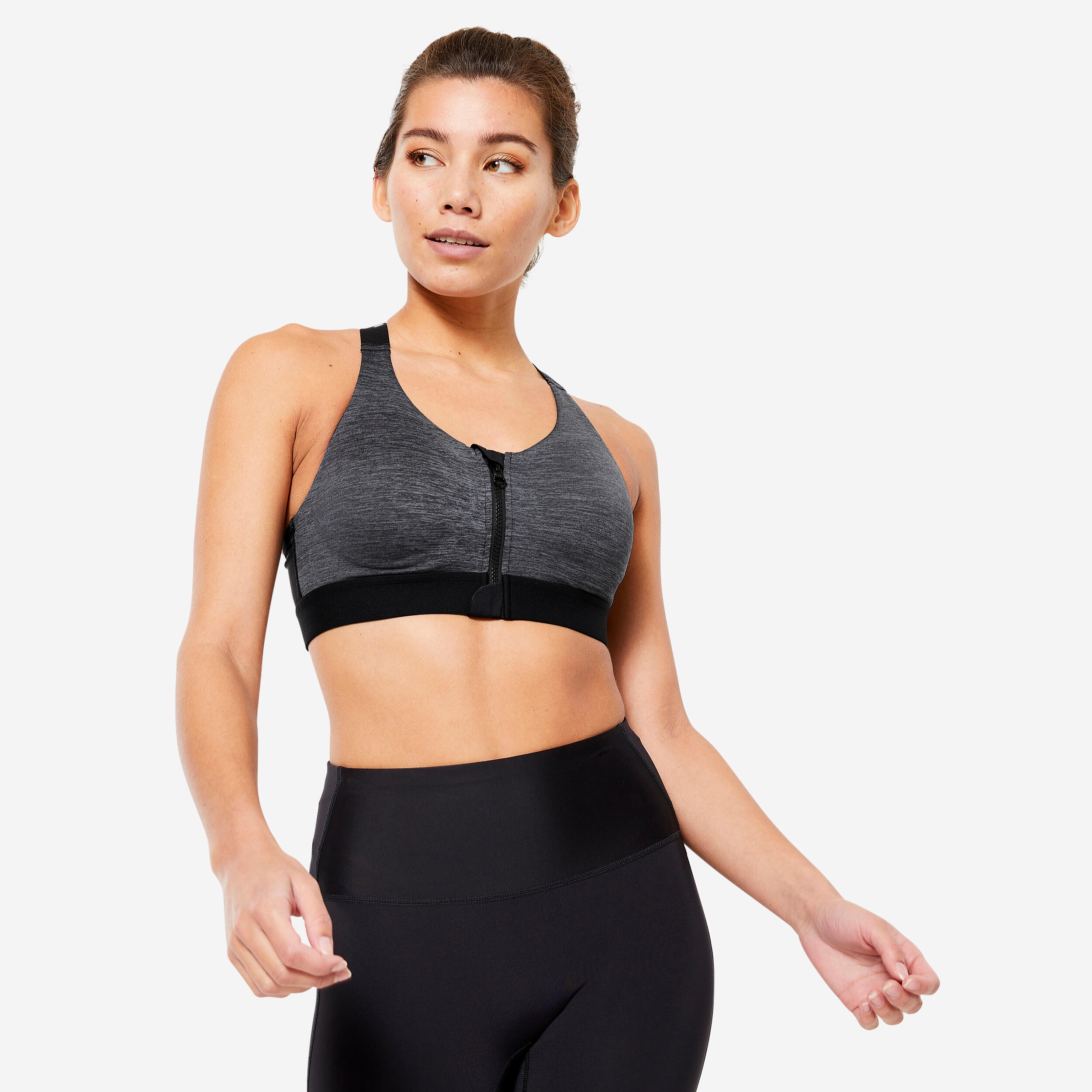 DOMYOS Women's High Support Zip-Up Sports Bra with Cups - Black/Grey