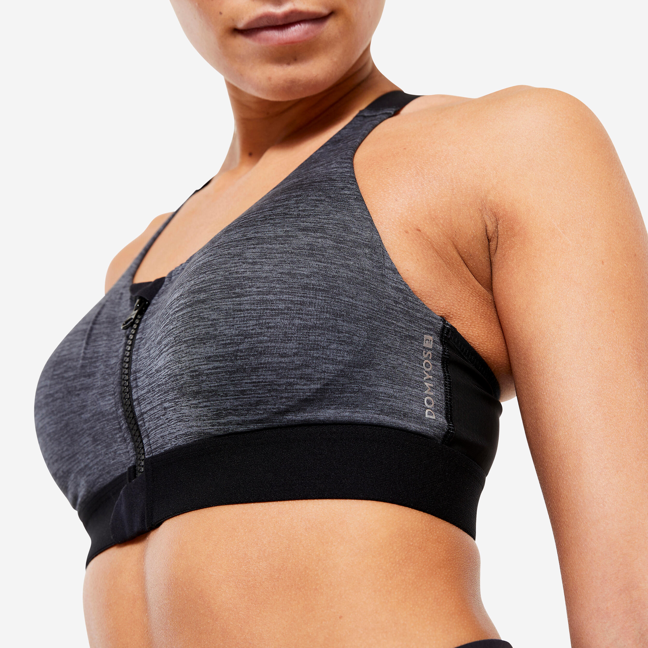 Sustainable Seamless Knit Medium Impact Zip Front Sports Bra-Black Heather  - Decathlon