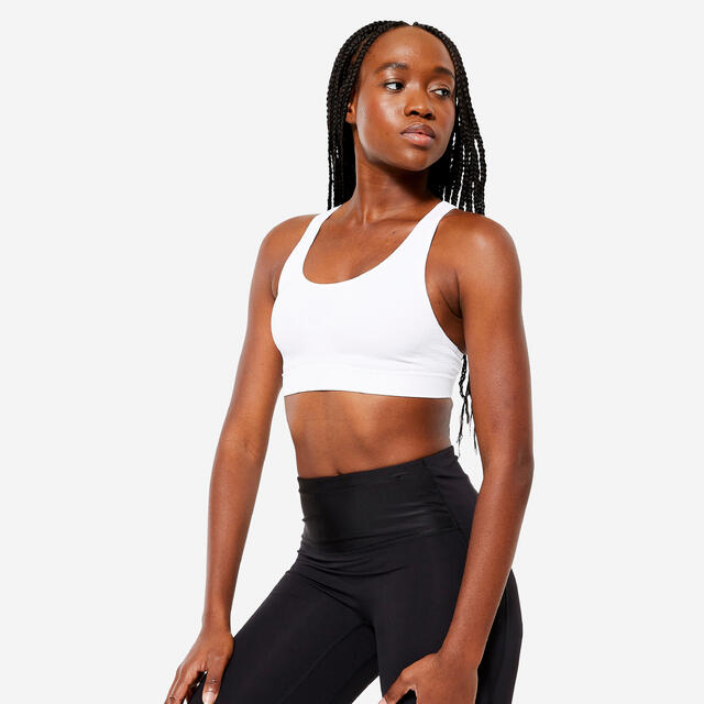DECATHLON SOSTÉN DEPORTIVO MUJER BLANCO SIN COSTURAS ESPALDA CRUZADA SUJECIÓN MODERADA