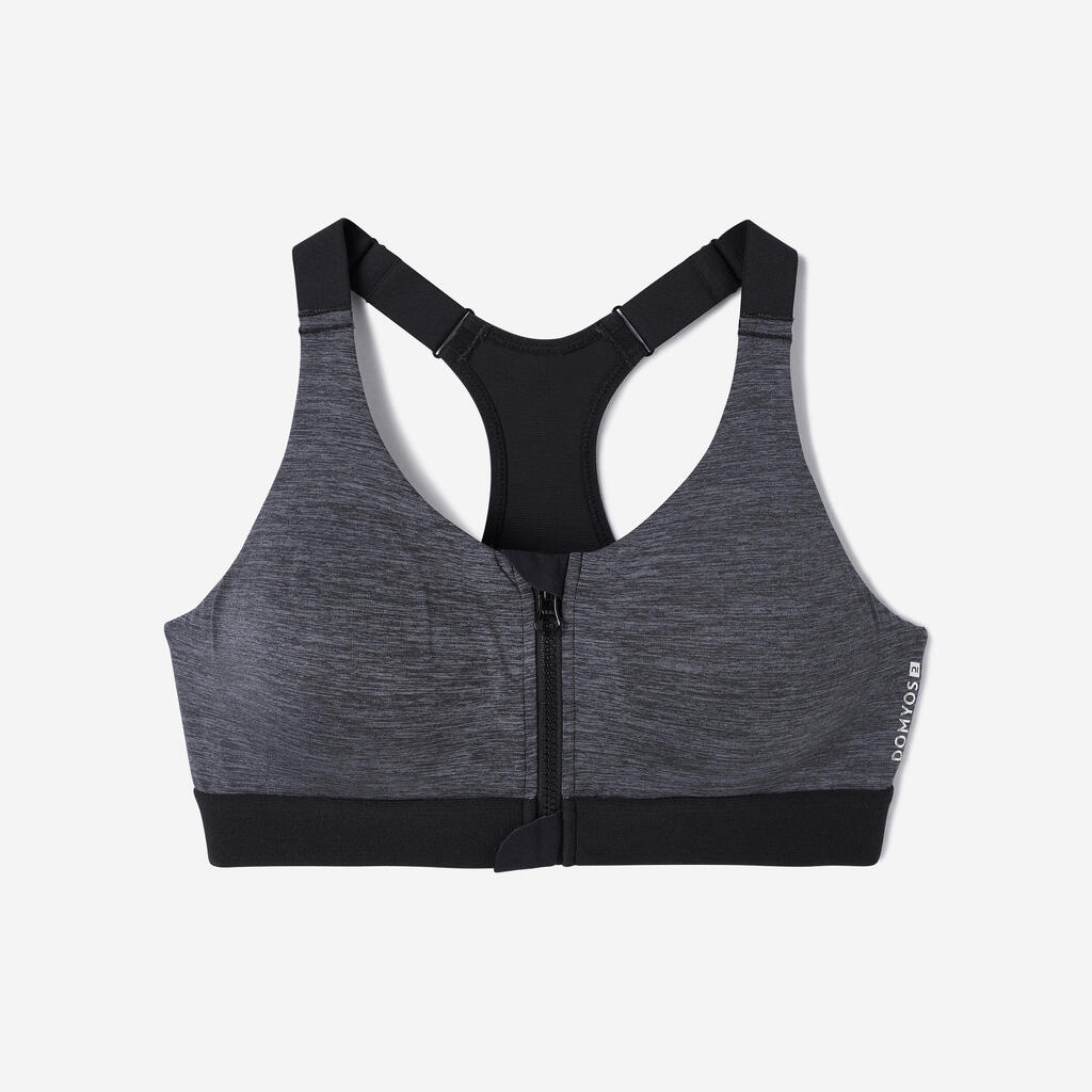Women's High Support Zip-Up Sports Bra with Cups - Black/Grey