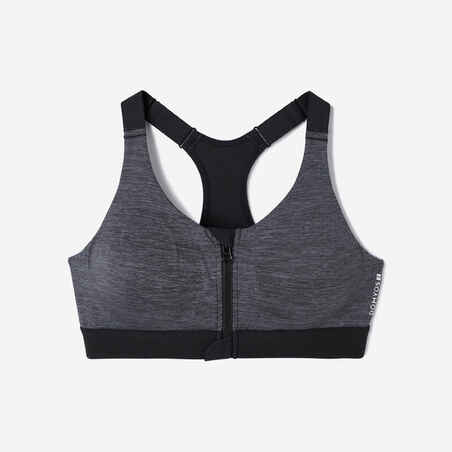 Women's High Support Zip-Up Sports Bra with Cups - Black/Grey