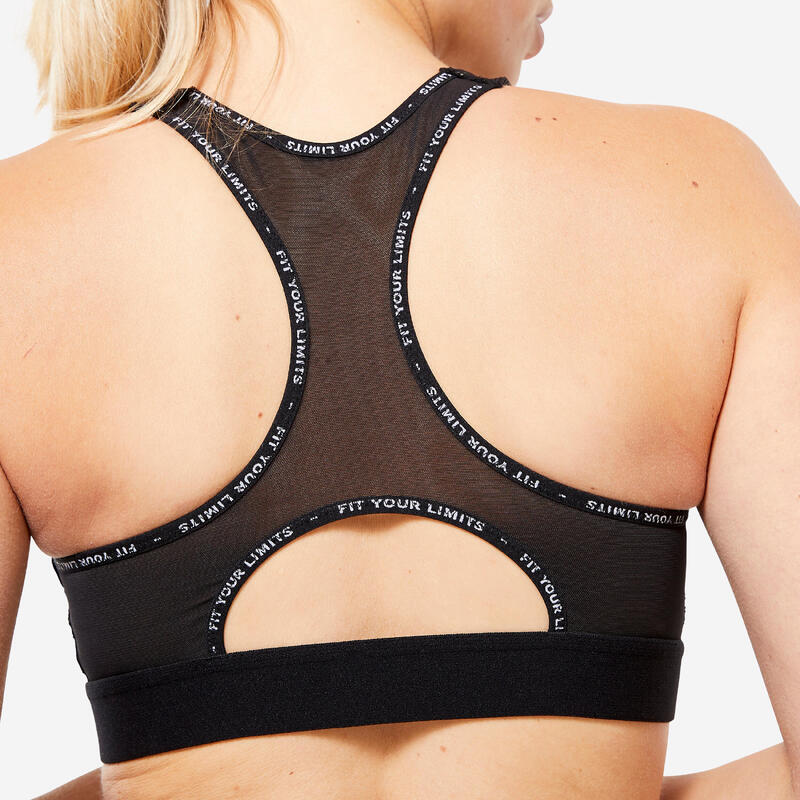 Brassière côtelée zippée maintien medium Femme - Noir