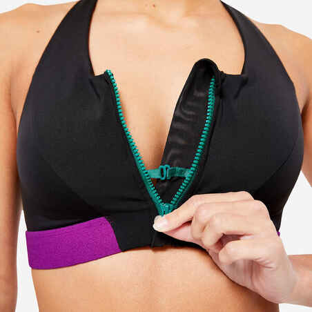 Women's Zip-Up Medium Support Sports Bra - Black, Purple & Pine Blue