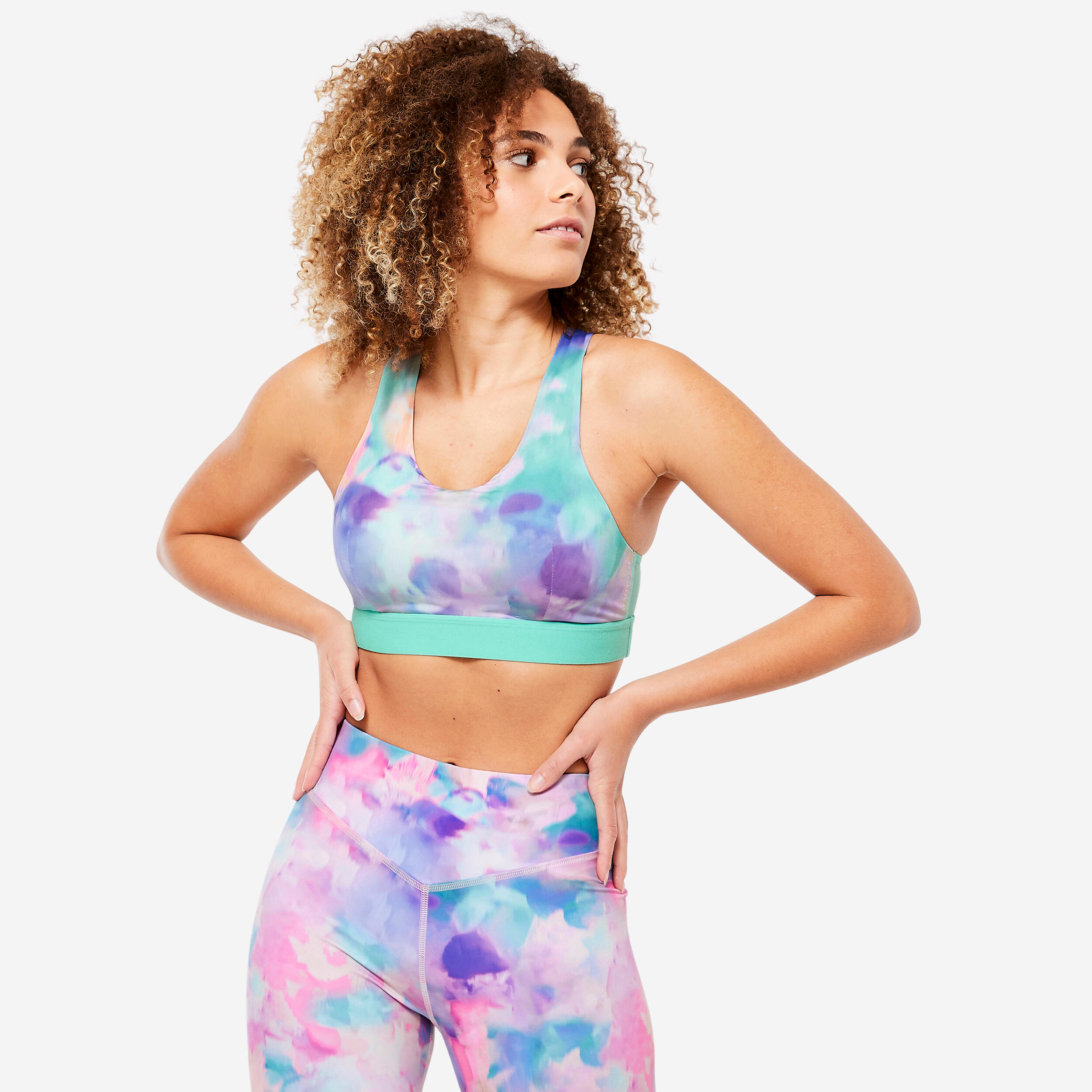 DOMYOS Women's Medium Support Racer Back Sports Bra with Cups - Pastel Prints