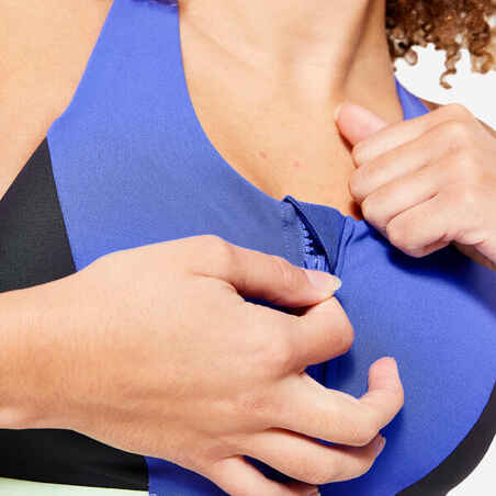 Women's Medium-Support Zipped Sports Bra - Indigo Blue/Grey/Sorbet Green