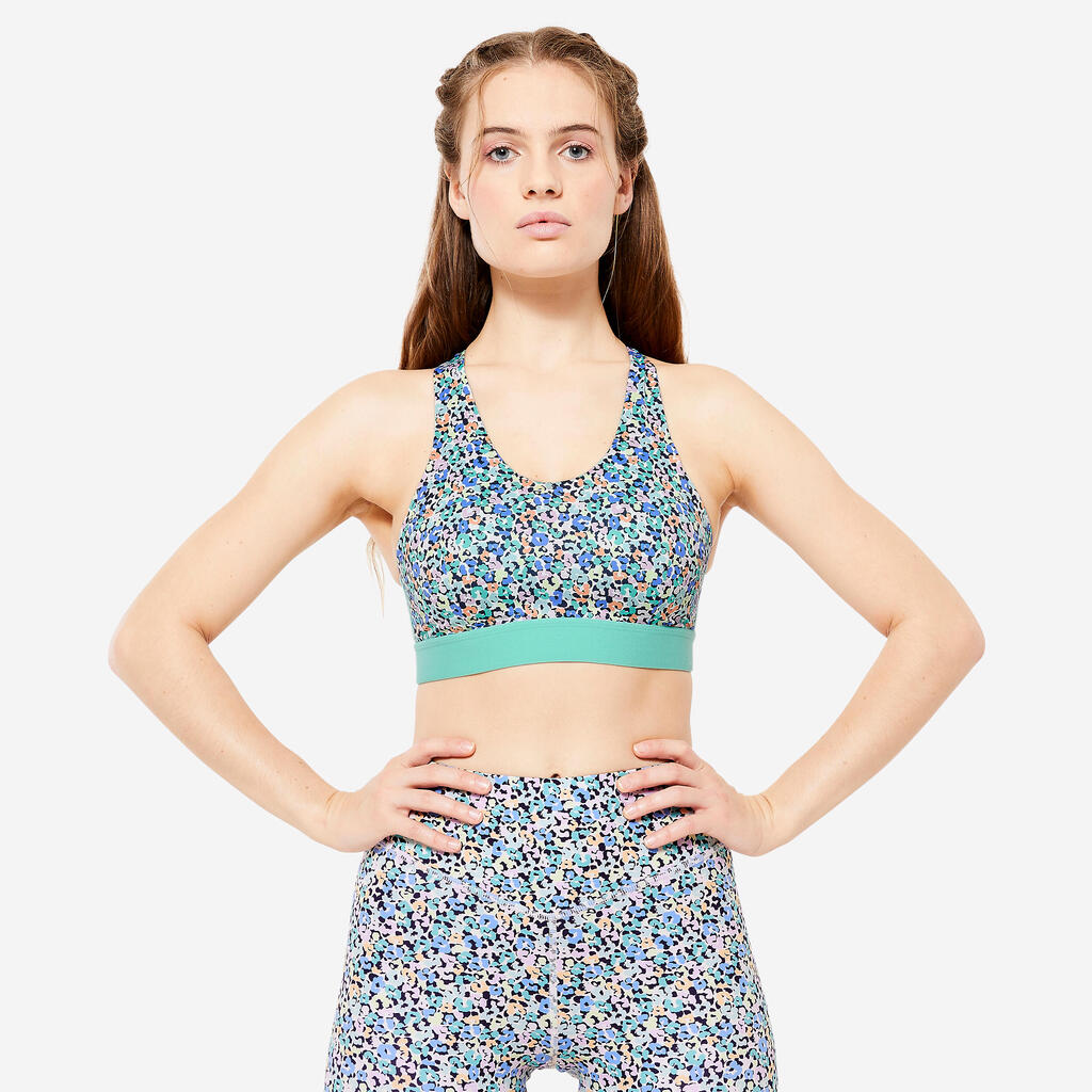 Women's Medium Support Racer Back Sports Bra with Cups - Multicolour Print