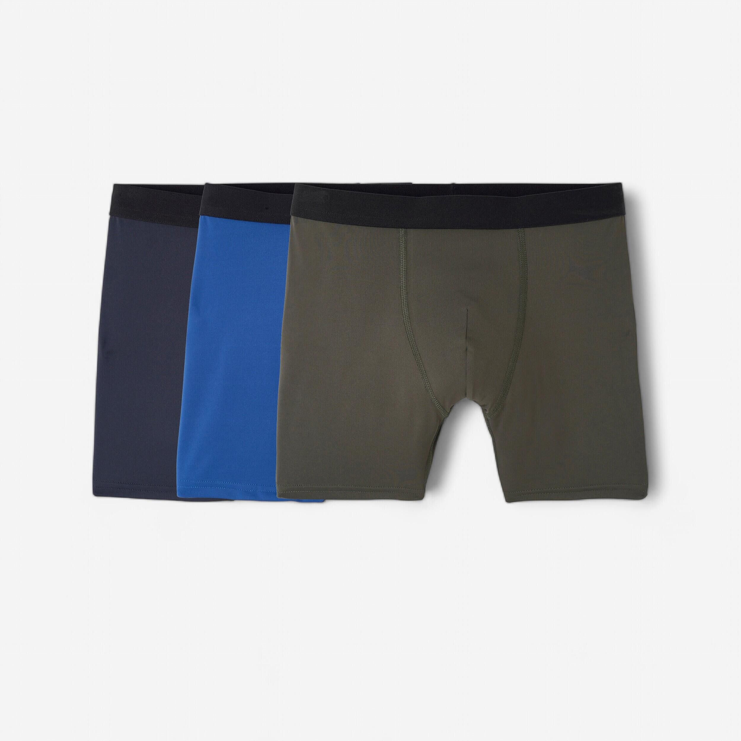 DECATHLON Men's Breathable Microfibre Boxers Tri-Pack - Dark Blue/Blue/Khaki