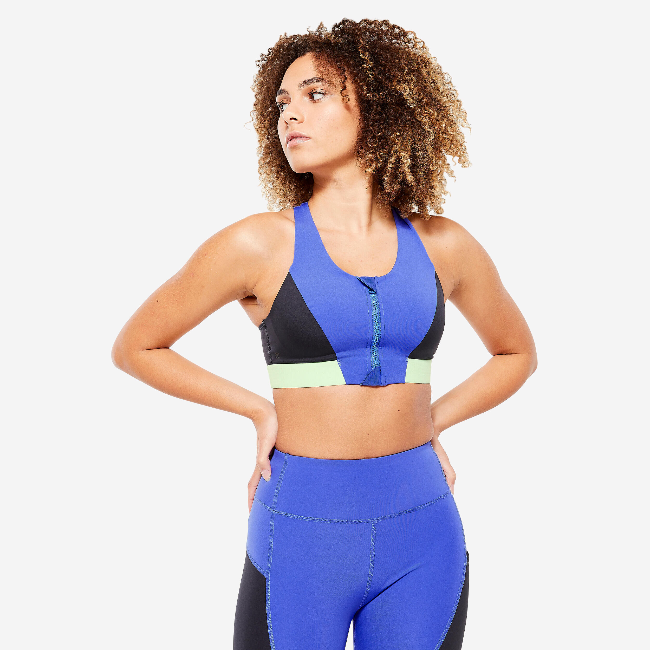 DOMYOS Women's Medium-Support Zipped Sports Bra - Indigo Blue/Grey/Sorbet Green