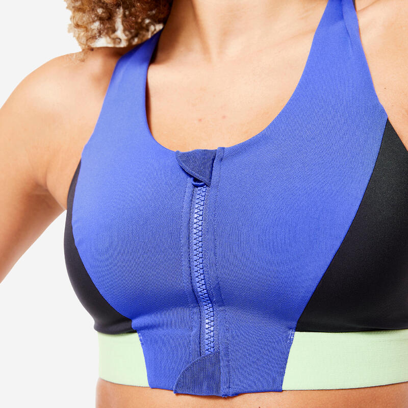 Brassière zippée maintien medium Femme - Bleu indigo, gris et vert