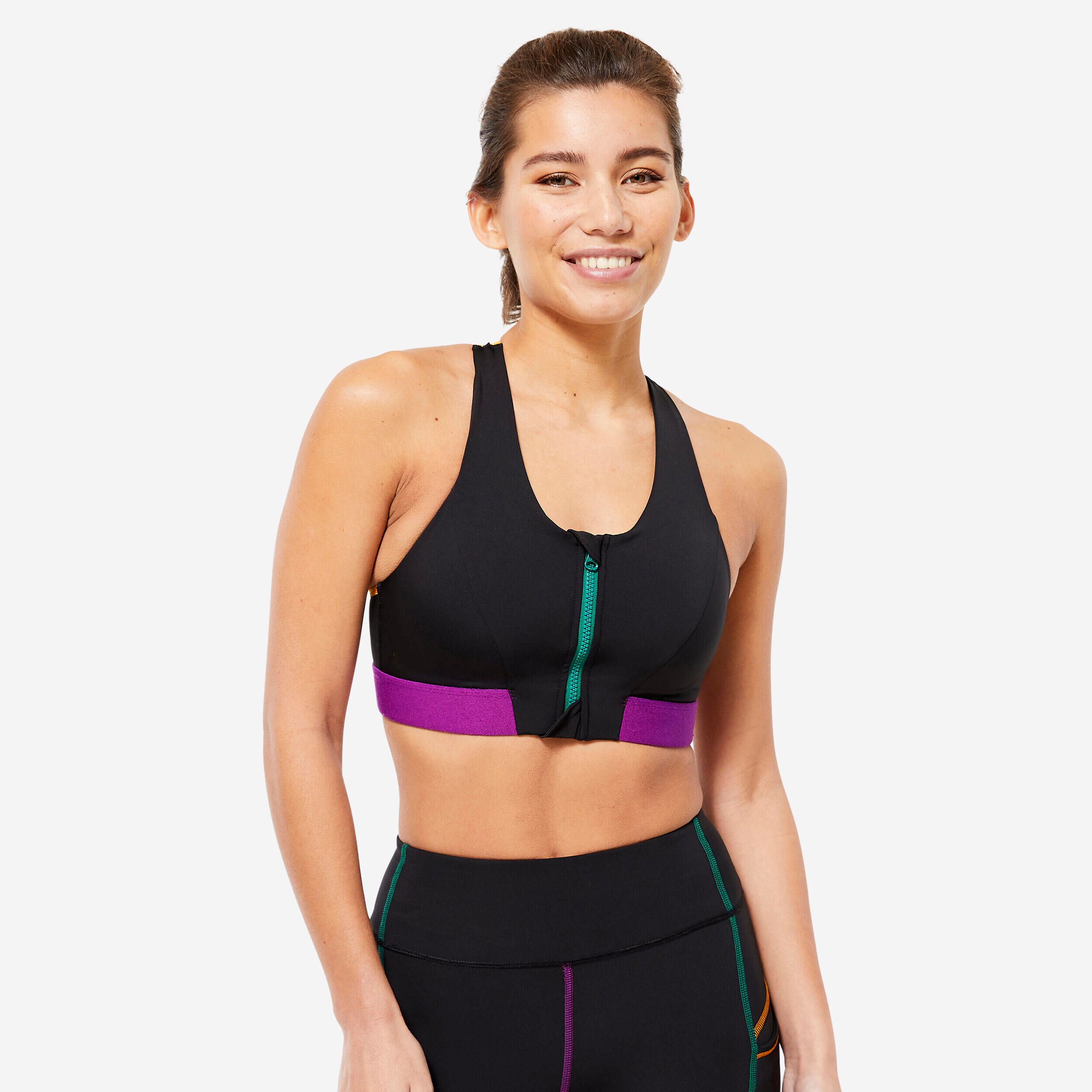 DOMYOS Women's Zip-Up Medium Support Sports Bra - Black, Purple & Pine Blue