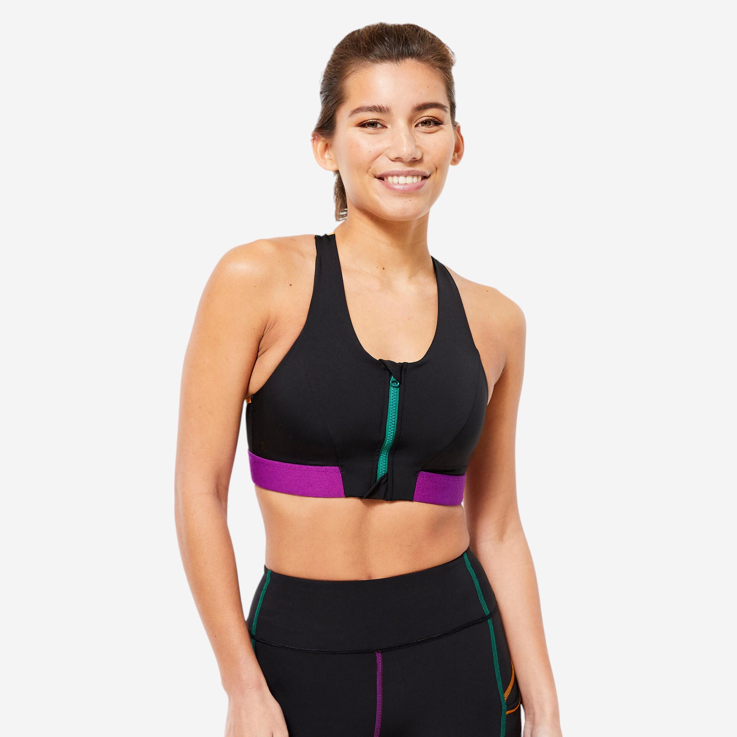 Domyos - Brassière Zippée Maintien Medium Femme - Noir Et Pourpre - Brassière - Sous Vetement Multisport - Noir-vert-violet - 38 S - Decathlon