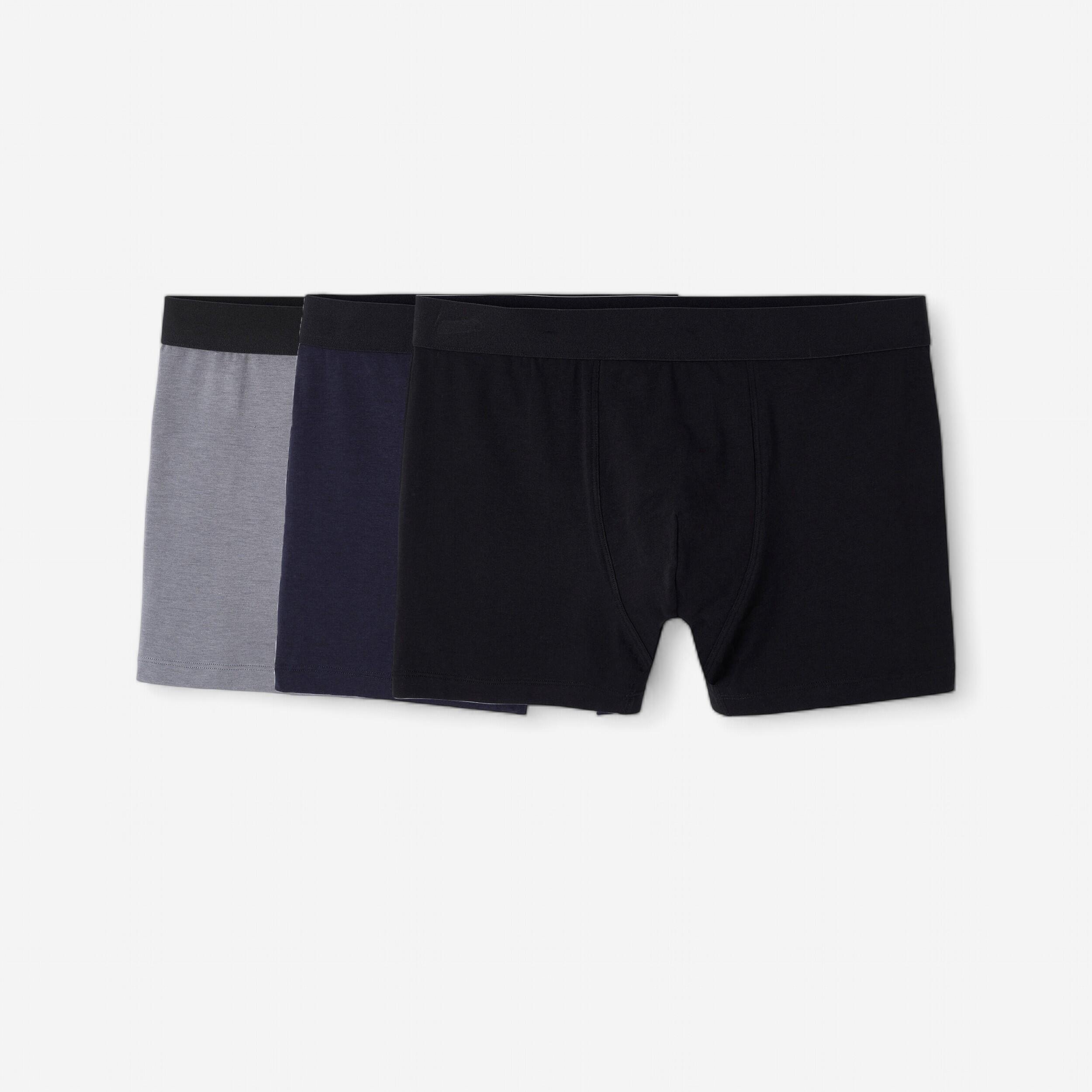 lot de 3 boxers en coton homme - noir/gris/bleu - domyos