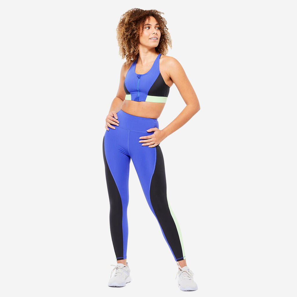 Women's Zip-Up Medium Support Sports Bra - Indigo Blue & Emerald Green