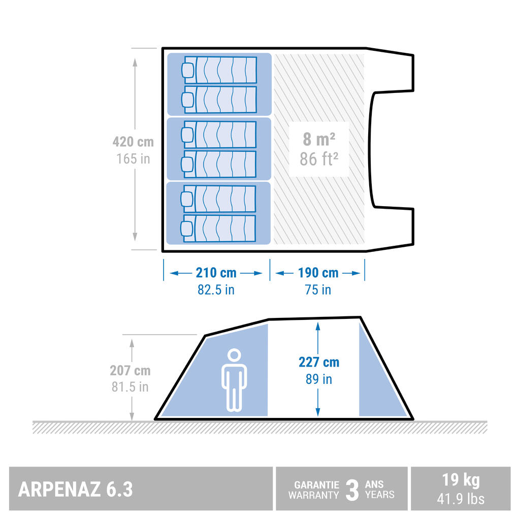 Šešiavietė arkinė stovyklavimo palapinė „Arpenaz 6.3“, 3 erdvių