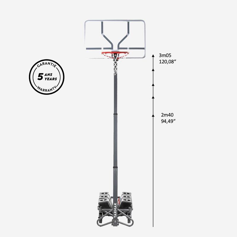 B500 Easy 兒童／成人款籃球架（2.4m 到 3.05m）。 2分鐘即可架設與收合。