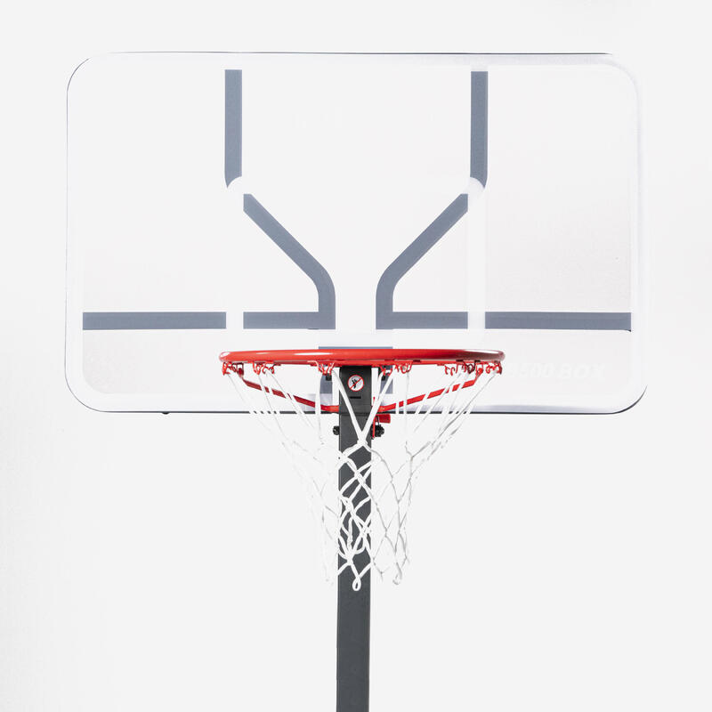 B500 Easy 兒童／成人款籃球架（2.4m 到 3.05m）。 2分鐘即可架設與收合。