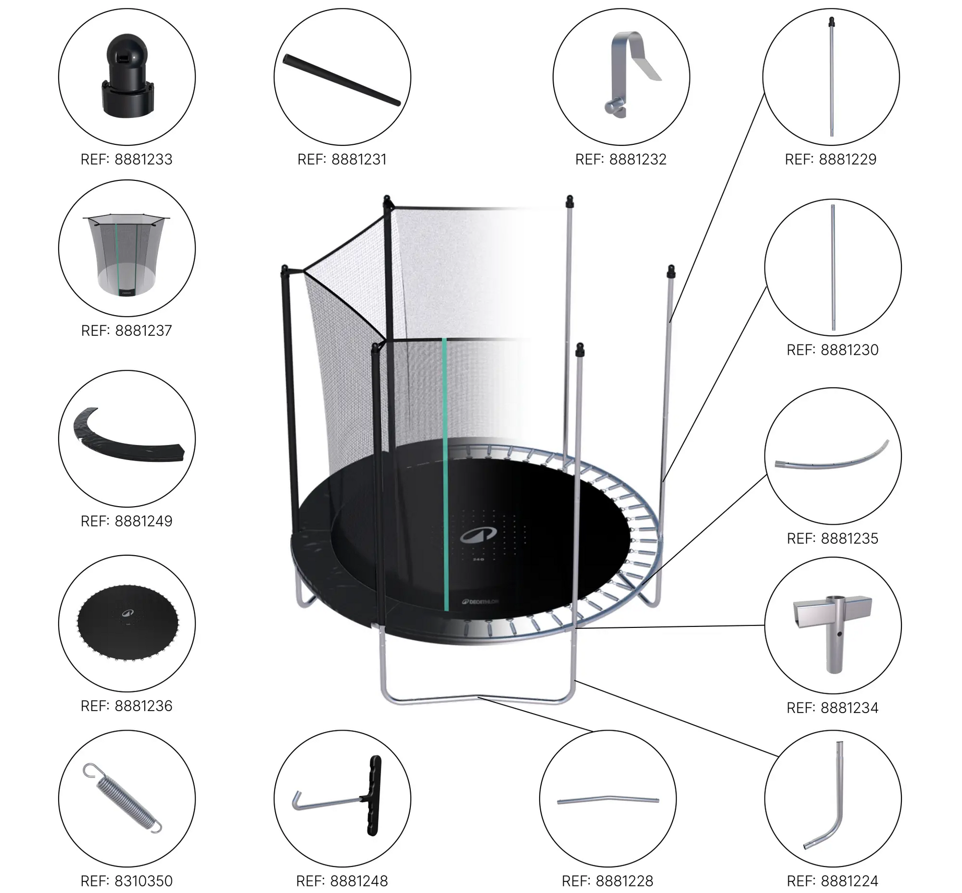 Trampolino 240 guida utilizzatore riparazioni manutenzione pezzi di ricambio Decathlon Domyos ginnastica