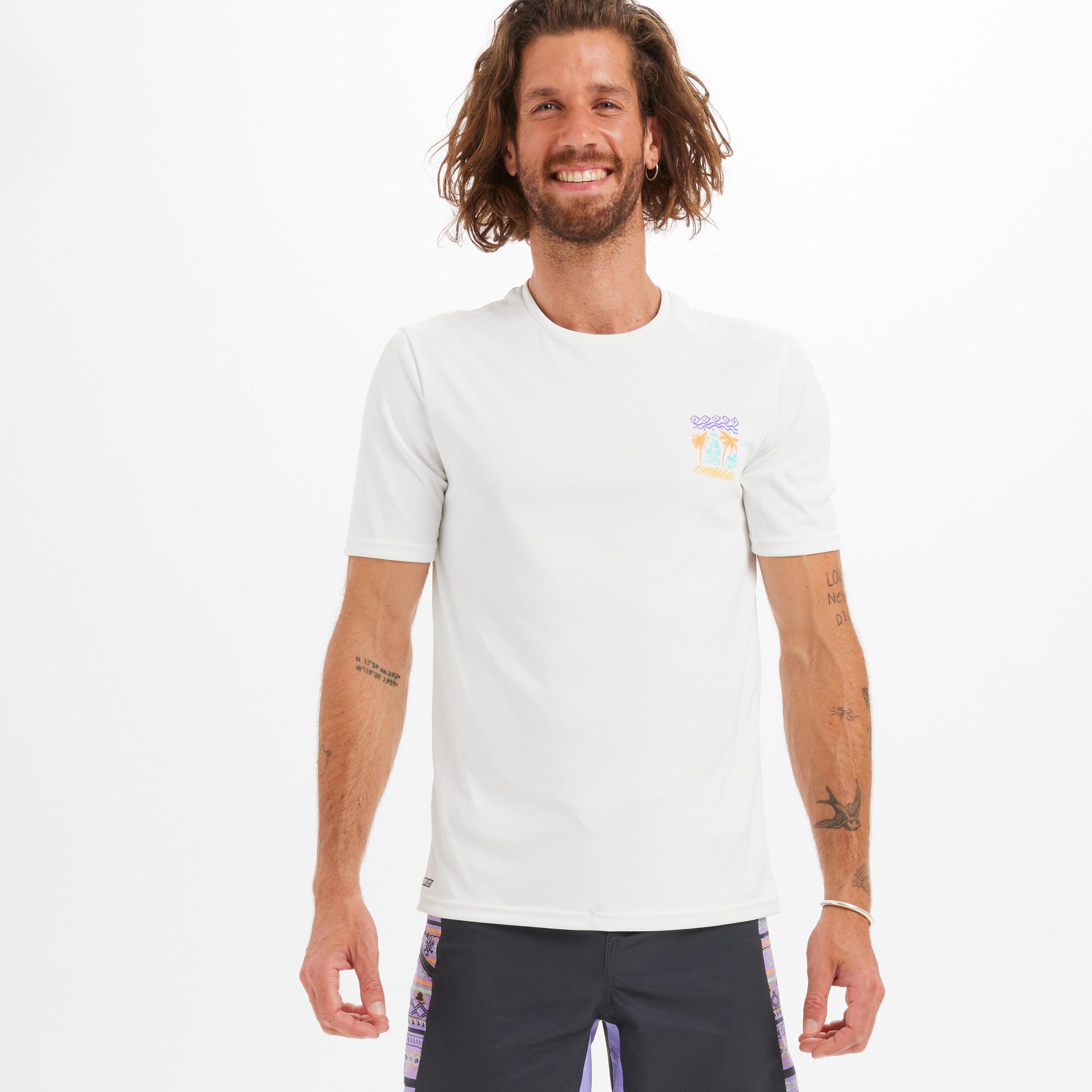 OLAIAN Men's Surfing Short-Sleeved Anti-UV T-Shirt - Palm white