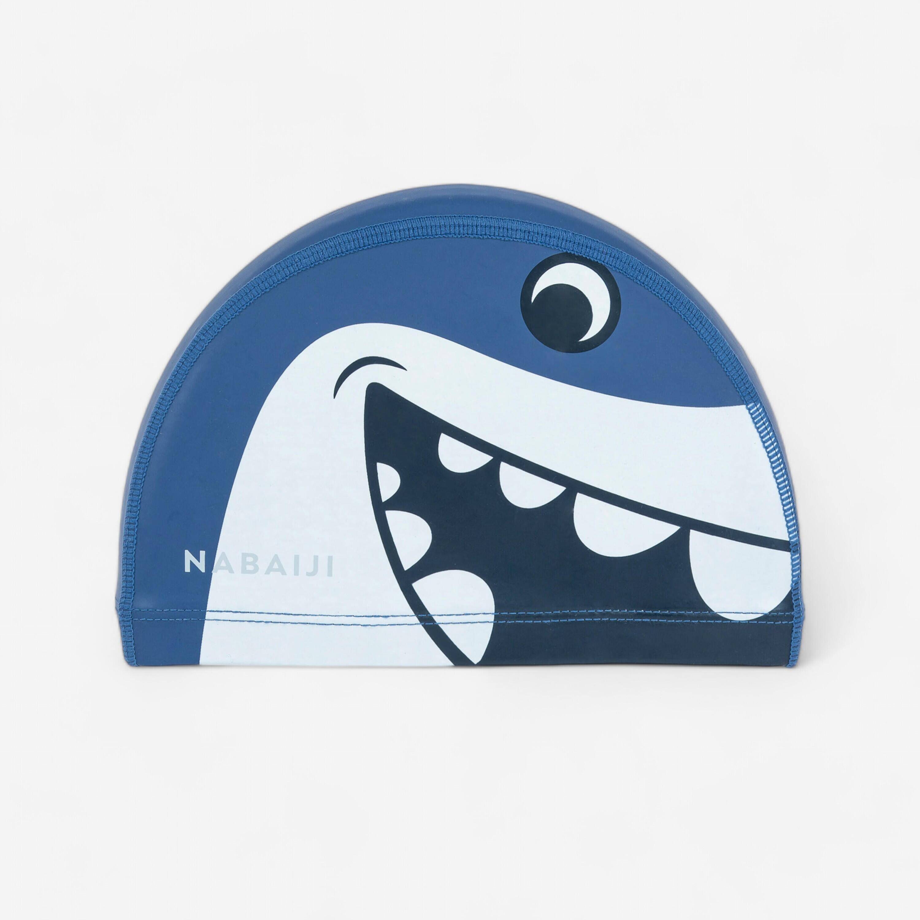 Kids Swim Cap Coated Mesh Printed Fabric Shark Blue -  1