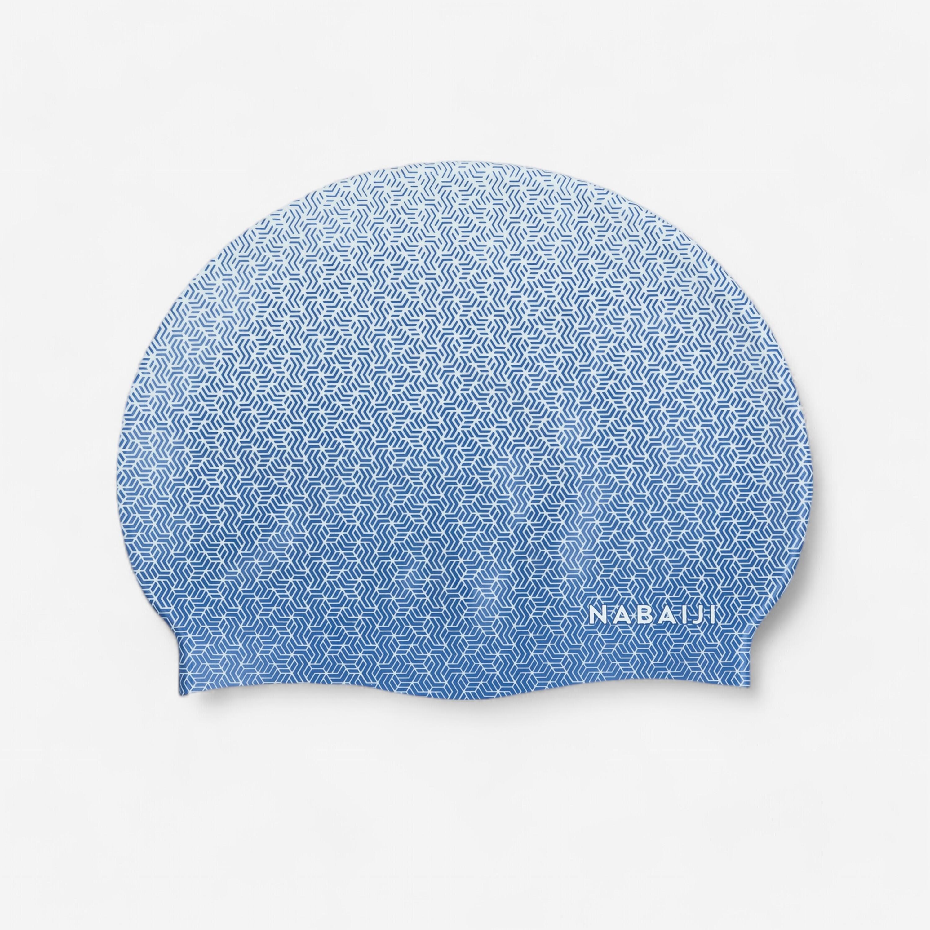 Silicone swim cap, one size, geo white blue
