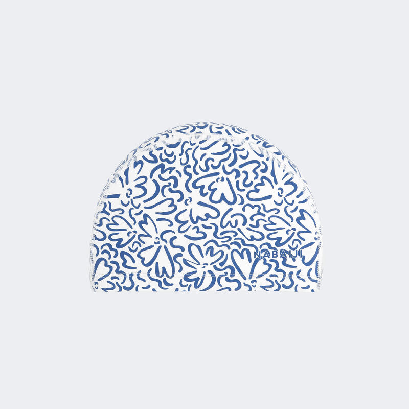 Touca de natação em malha revestida - Tecido padrão -Tamanho M - Branco Azul