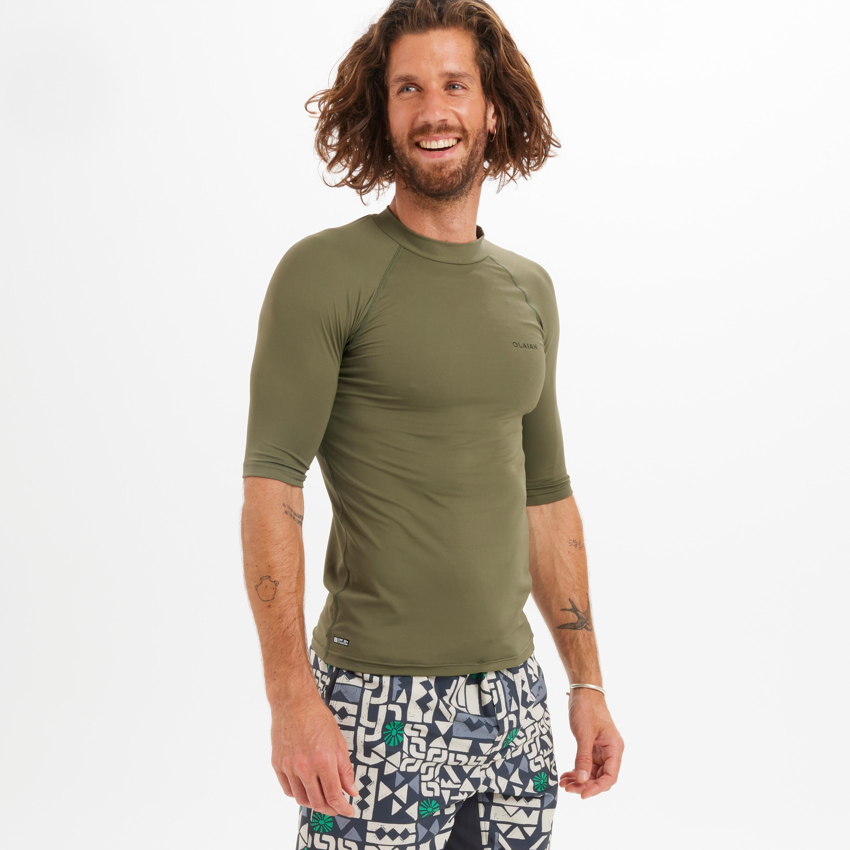 maglietta da uomo kaki surf top 100 a maniche corte anti uv