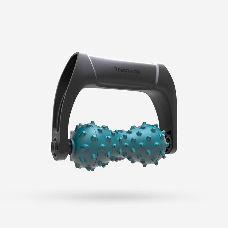 Black handheld body massager with a textured blue roller and ergonomic handle