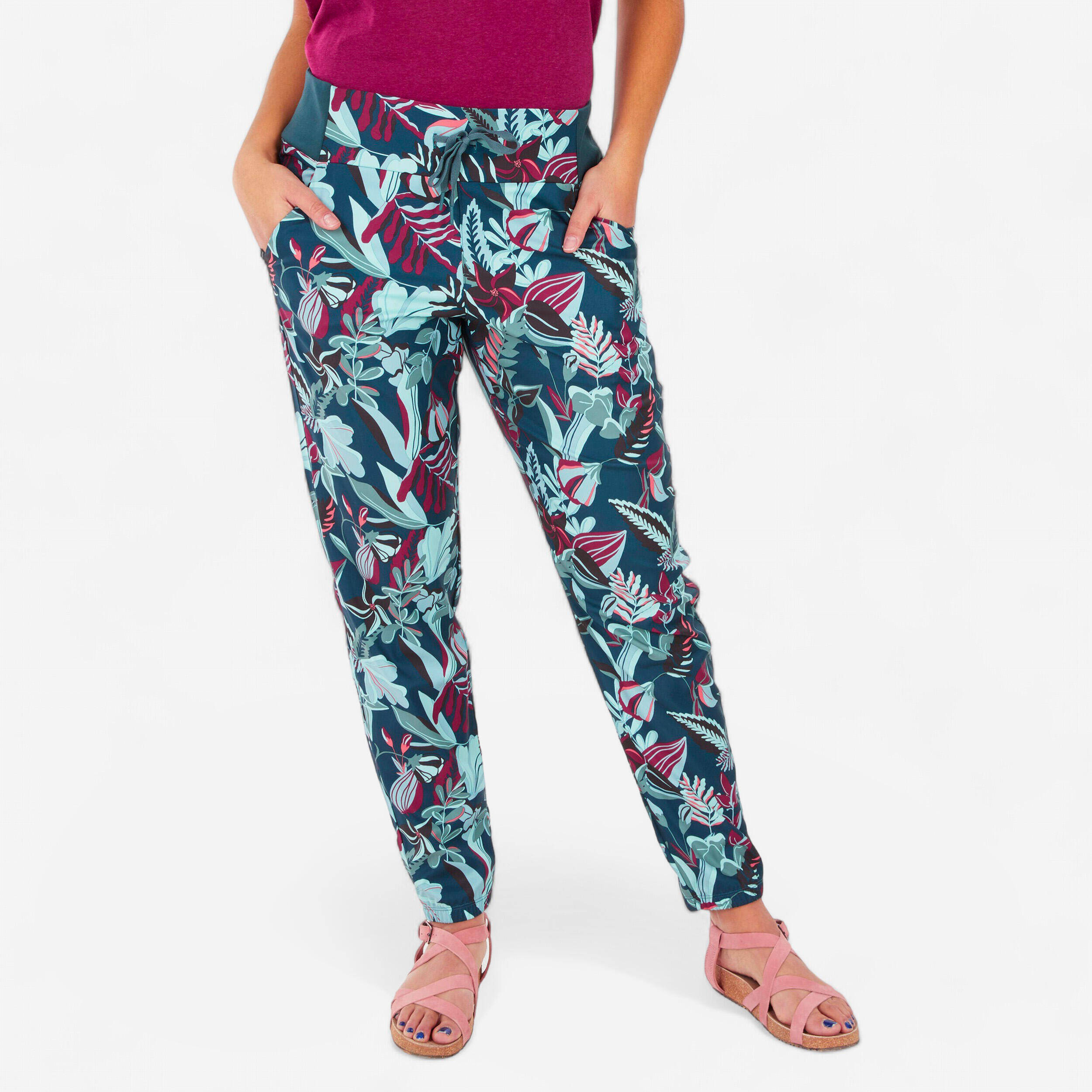 Women Comfort Fit Pant with Wide Waistband Printed Blue - NH100
