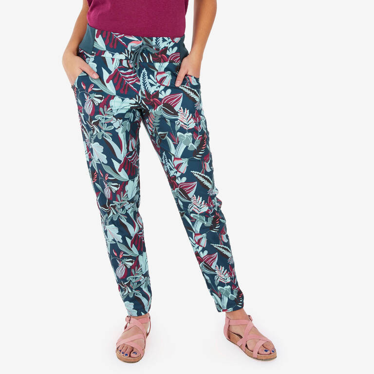 Women Comfort Fit Pant with Wide Waistband Printed Blue - NH100