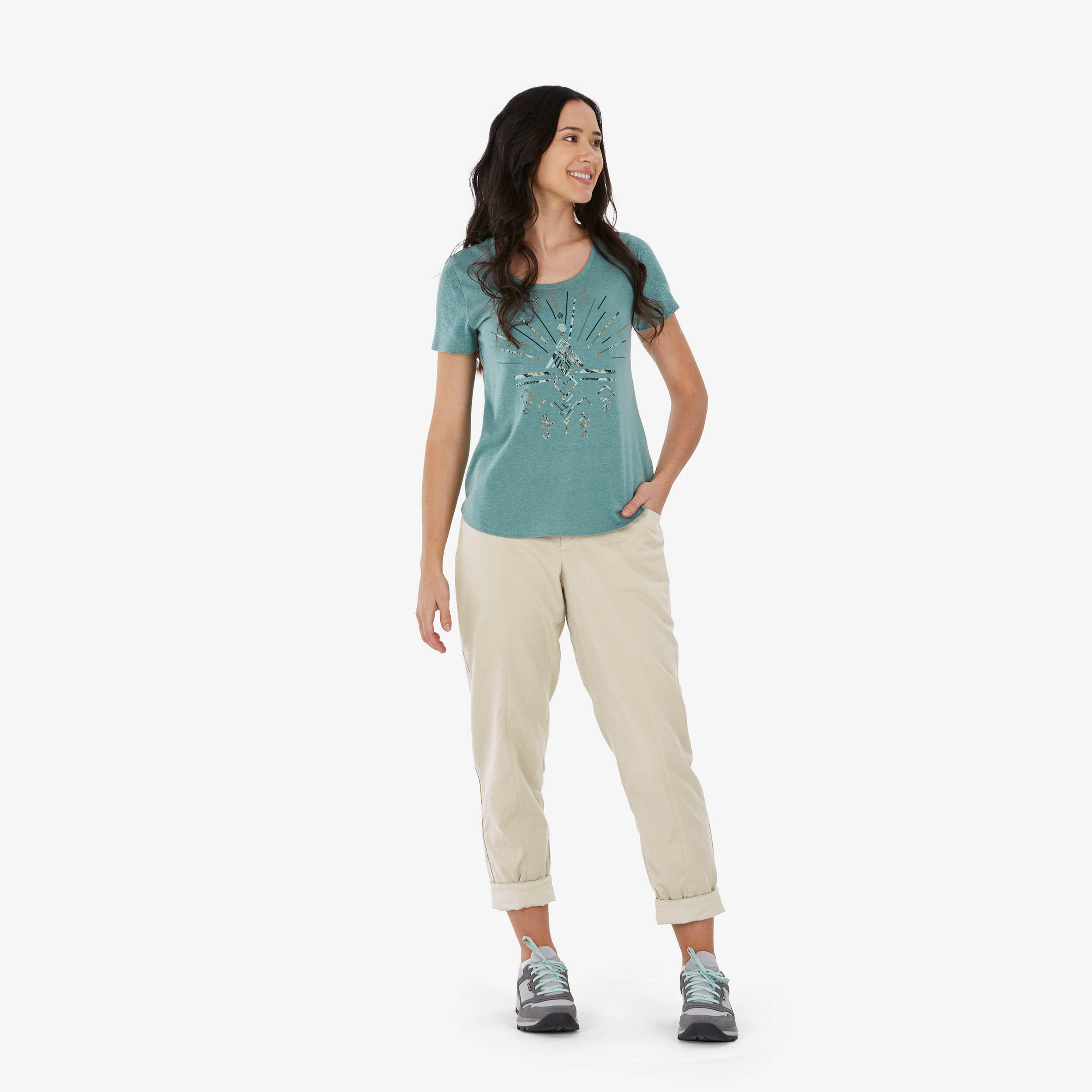 Women Hiking Breathable T-shirt - NH500 Green